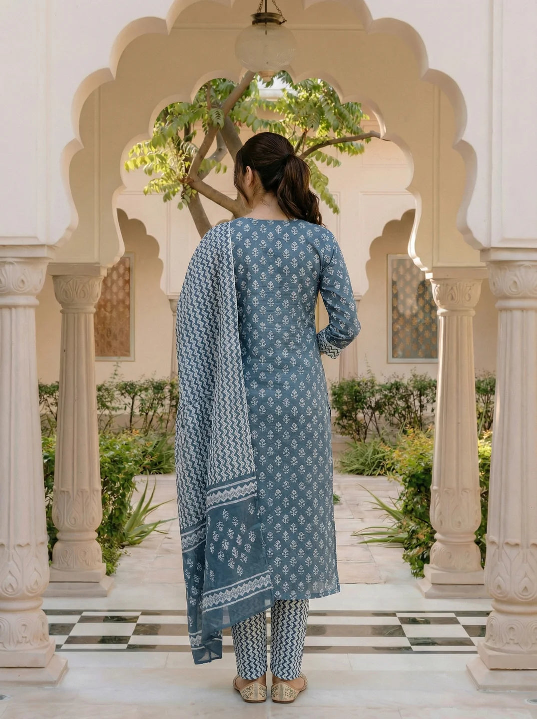 Blue Grey Buta Print Cotton Kurta Set with Dupatta