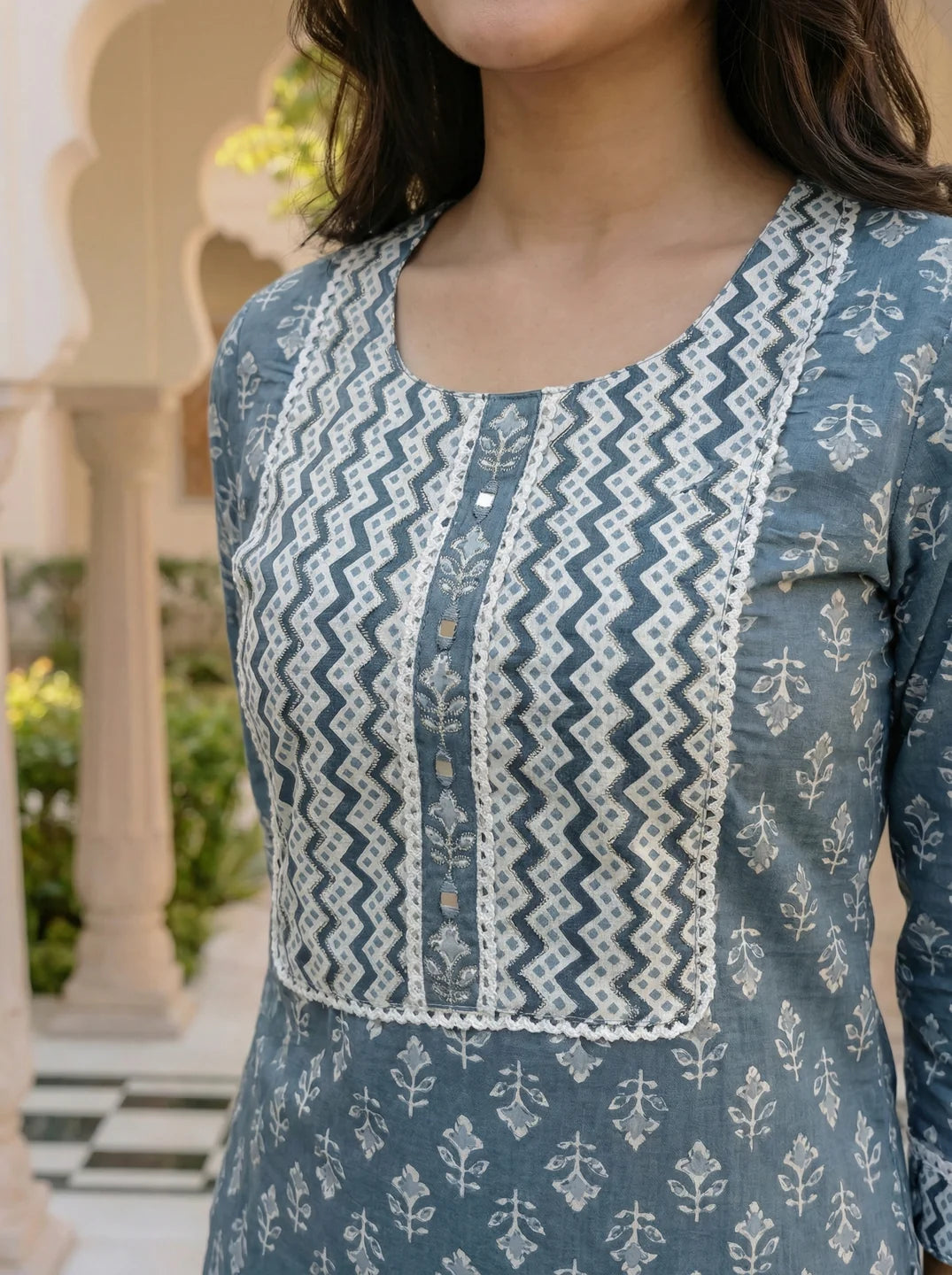 Blue Grey Buta Print Cotton Kurta Set with Dupatta
