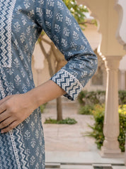 Blue Grey Buta Print Cotton Kurta Set with Dupatta