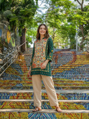 Dark Green Kalamkari Panel & Floral Embroidery Muslin Tunic