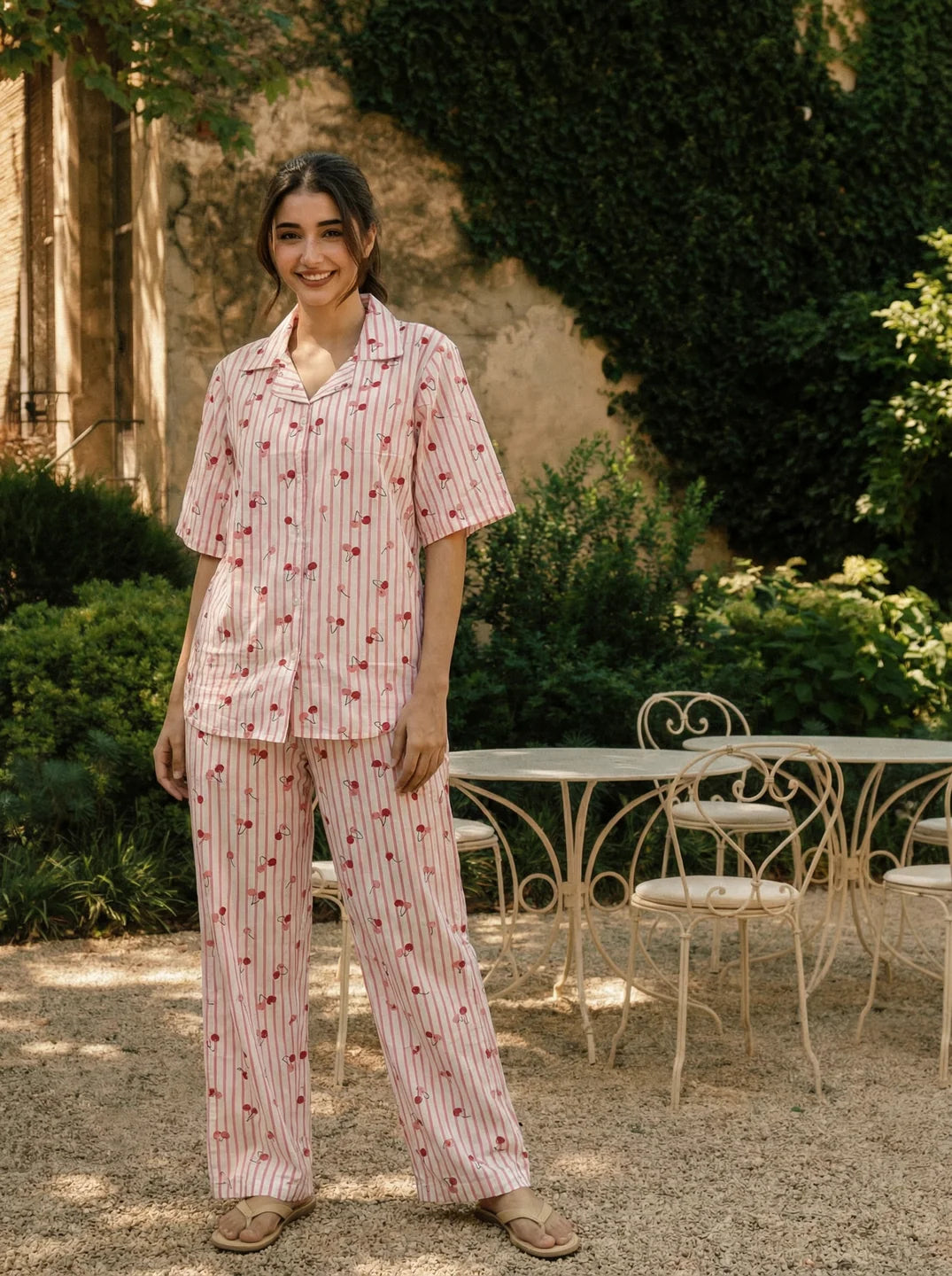 White and Pink Striped Cherry Print Cotton Co-ord Set