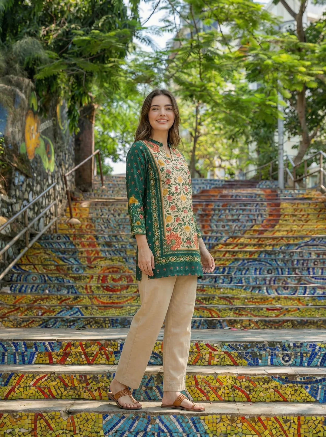 Dark Green Kalamkari Panel & Floral Embroidery Muslin Tunic