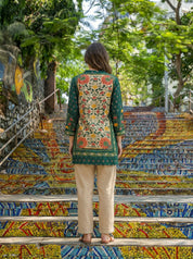Dark Green Kalamkari Panel & Floral Embroidery Muslin Tunic