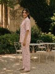 White and Pink Striped Cherry Print Cotton Co-ord Set