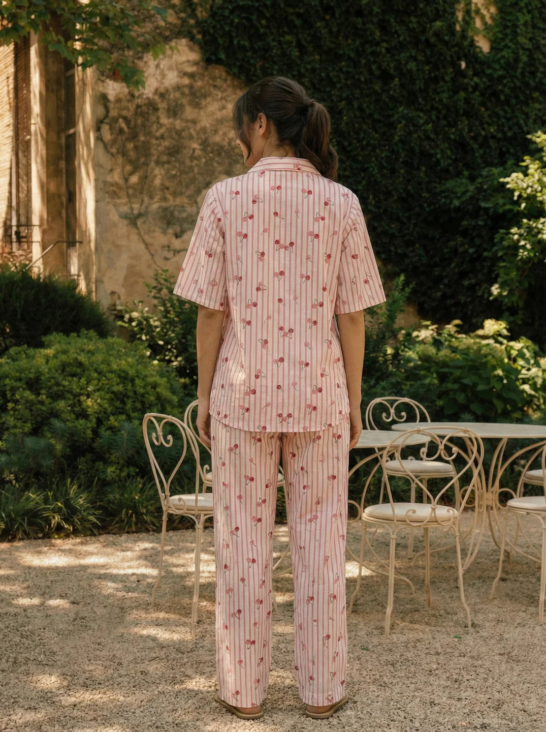 White and Pink Striped Cherry Print Cotton Co-ord Set