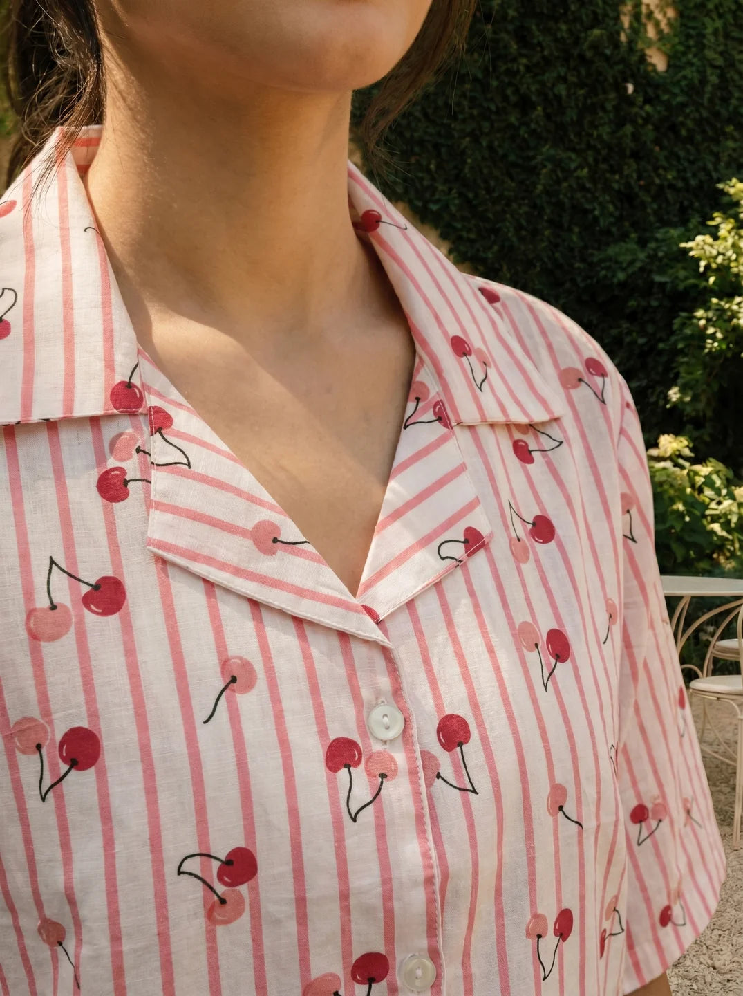 White and Pink Striped Cherry Print Cotton Co-ord Set