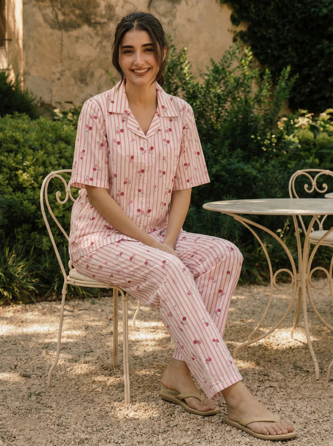 White and Pink Striped Cherry Print Cotton Co-ord Set