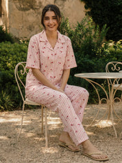 White and Pink Striped Cherry Print Cotton Co-ord Set