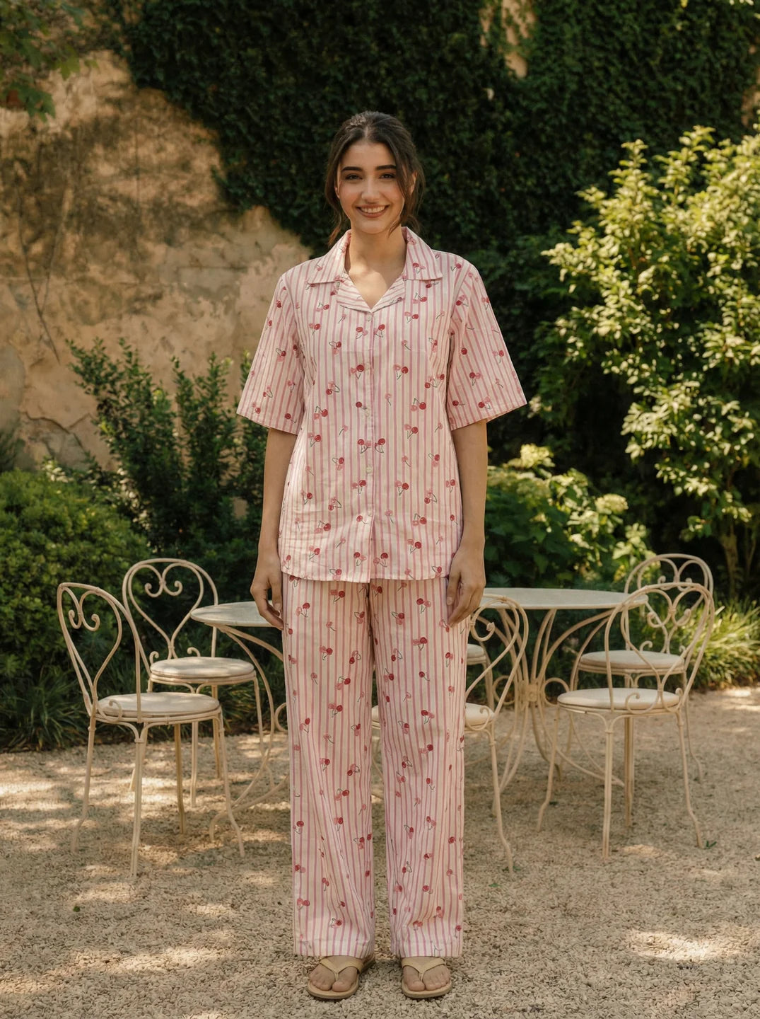 White and Pink Striped Cherry Print Cotton Co-ord Set