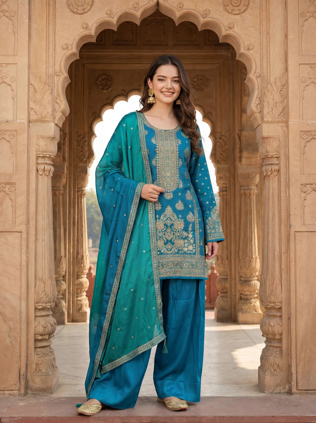 Peacock Blue Farsi Salwar Set with Dupatta In Viscose