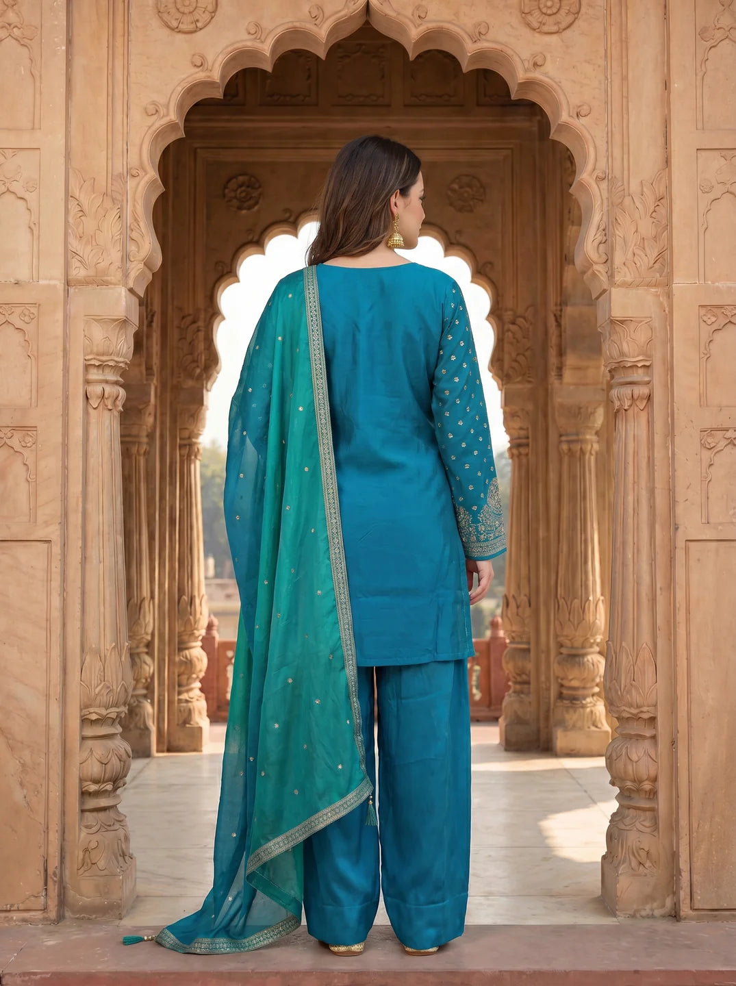 Peacock Blue Farsi Salwar Set with Dupatta In Viscose
