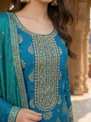 Peacock Blue Farsi Salwar Set with Dupatta In Viscose