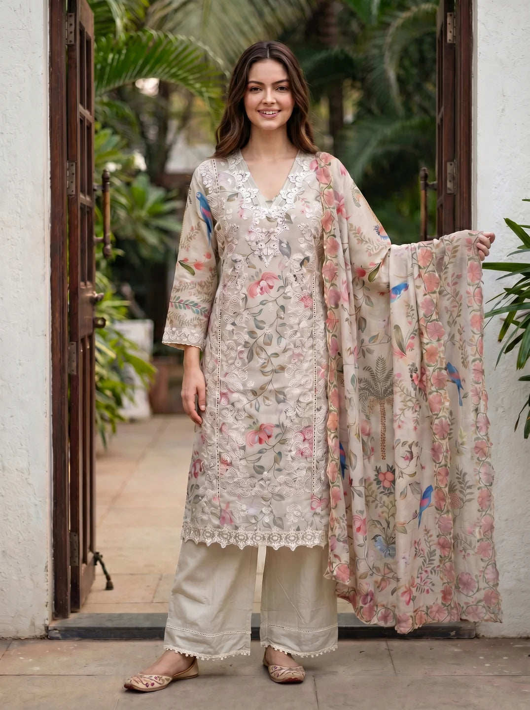 Muted Sage Floral Eyelet Embroidered Kurta Set with Dupatta