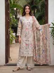 Muted Sage Floral Eyelet Embroidered Kurta Set with Dupatta
