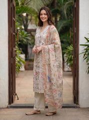 Muted Sage Floral Eyelet Embroidered Kurta Set with Dupatta