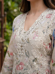 Muted Sage Floral Eyelet Embroidered Kurta Set with Dupatta