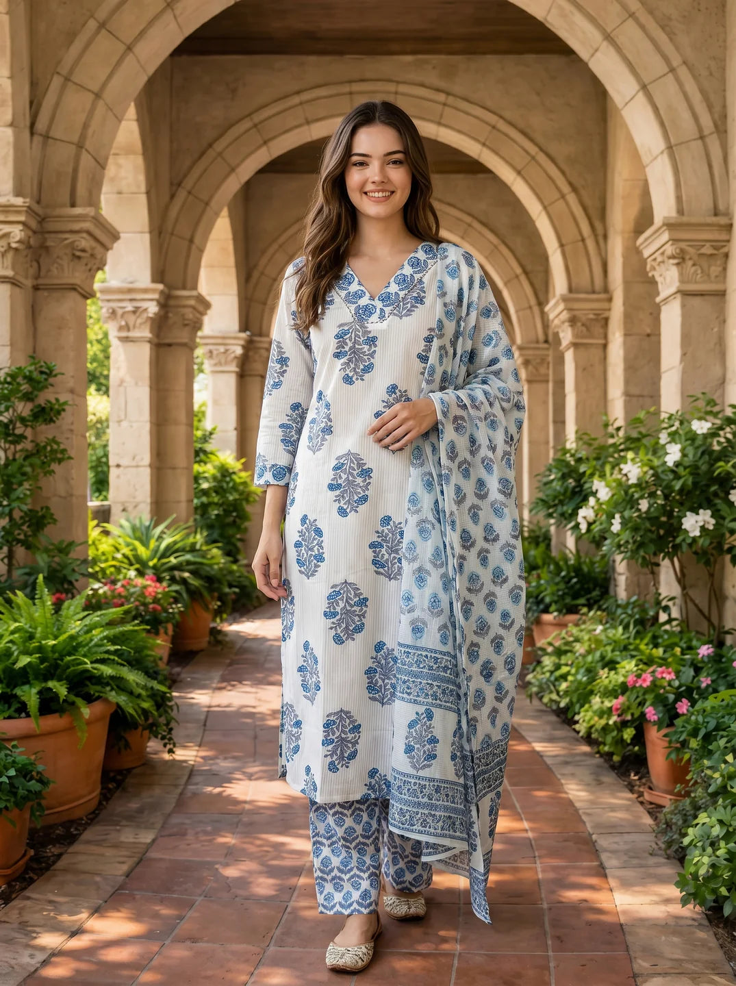 Blue Buta Block Cotton Kurta Set with Dupatta