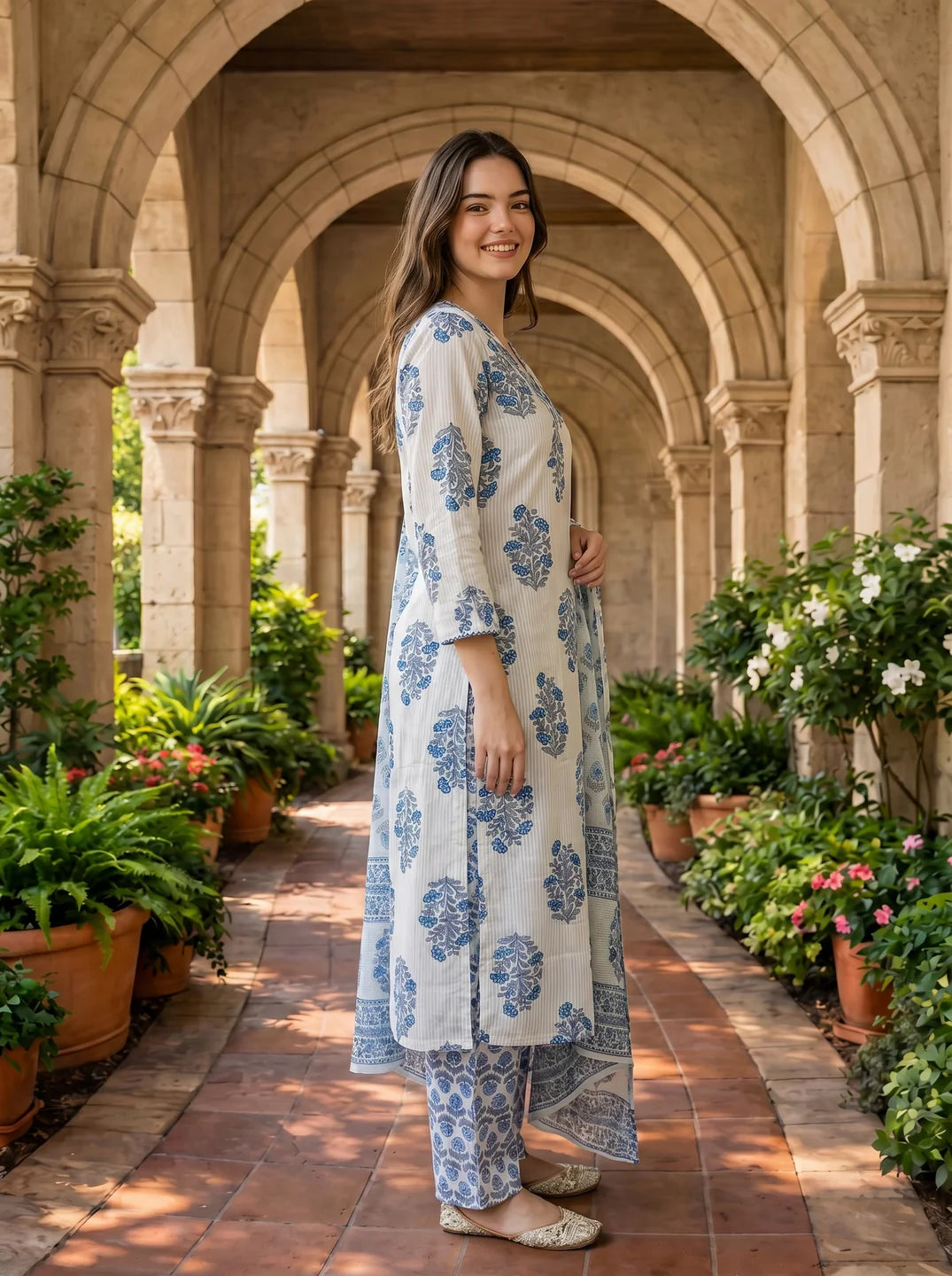 Blue Buta Block Cotton Kurta Set with Dupatta