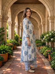Blue Buta Block Cotton Kurta Set with Dupatta