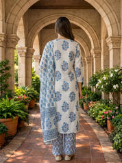 Blue Buta Block Cotton Kurta Set with Dupatta