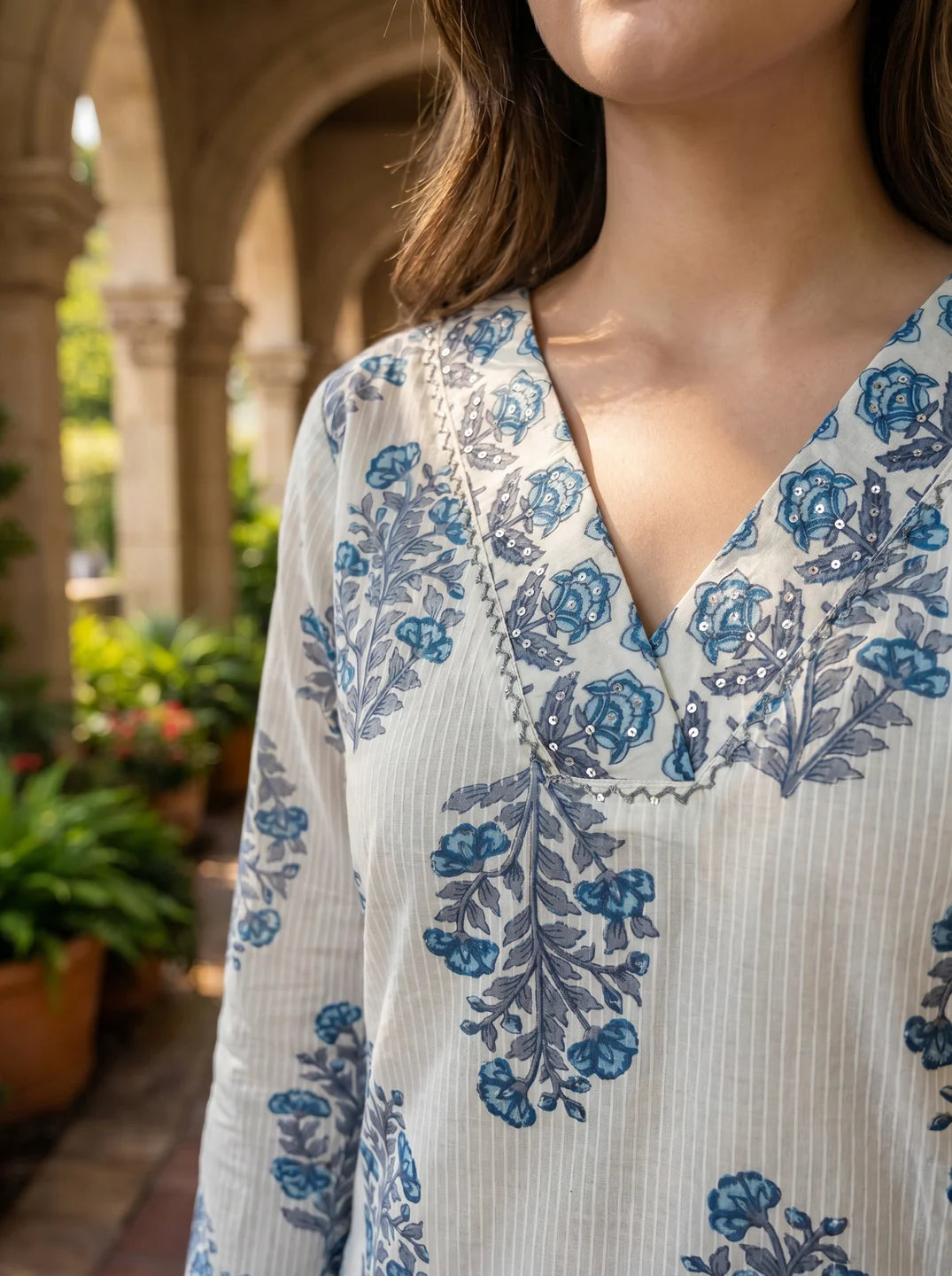 Blue Buta Block Cotton Kurta Set with Dupatta