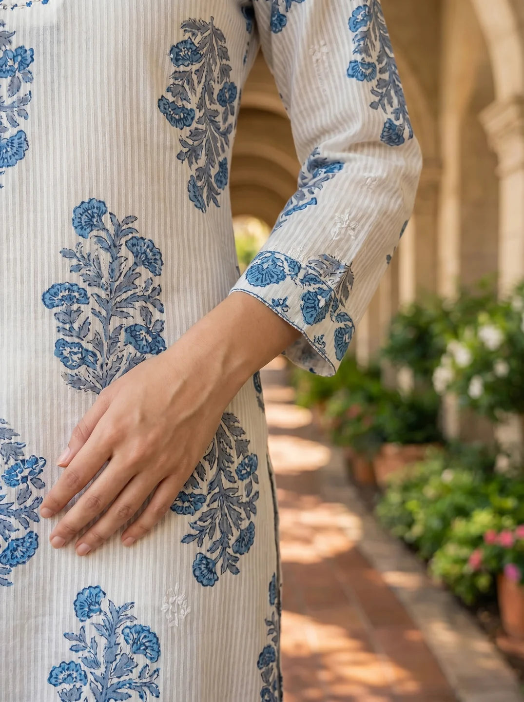 Blue Buta Block Cotton Kurta Set with Dupatta