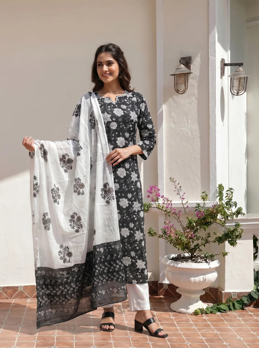 Black & White Floral Jaal Cotton Kurta Set with Dupatta