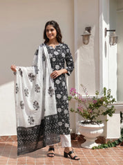 Black & White Floral Jaal Cotton Kurta Set with Dupatta