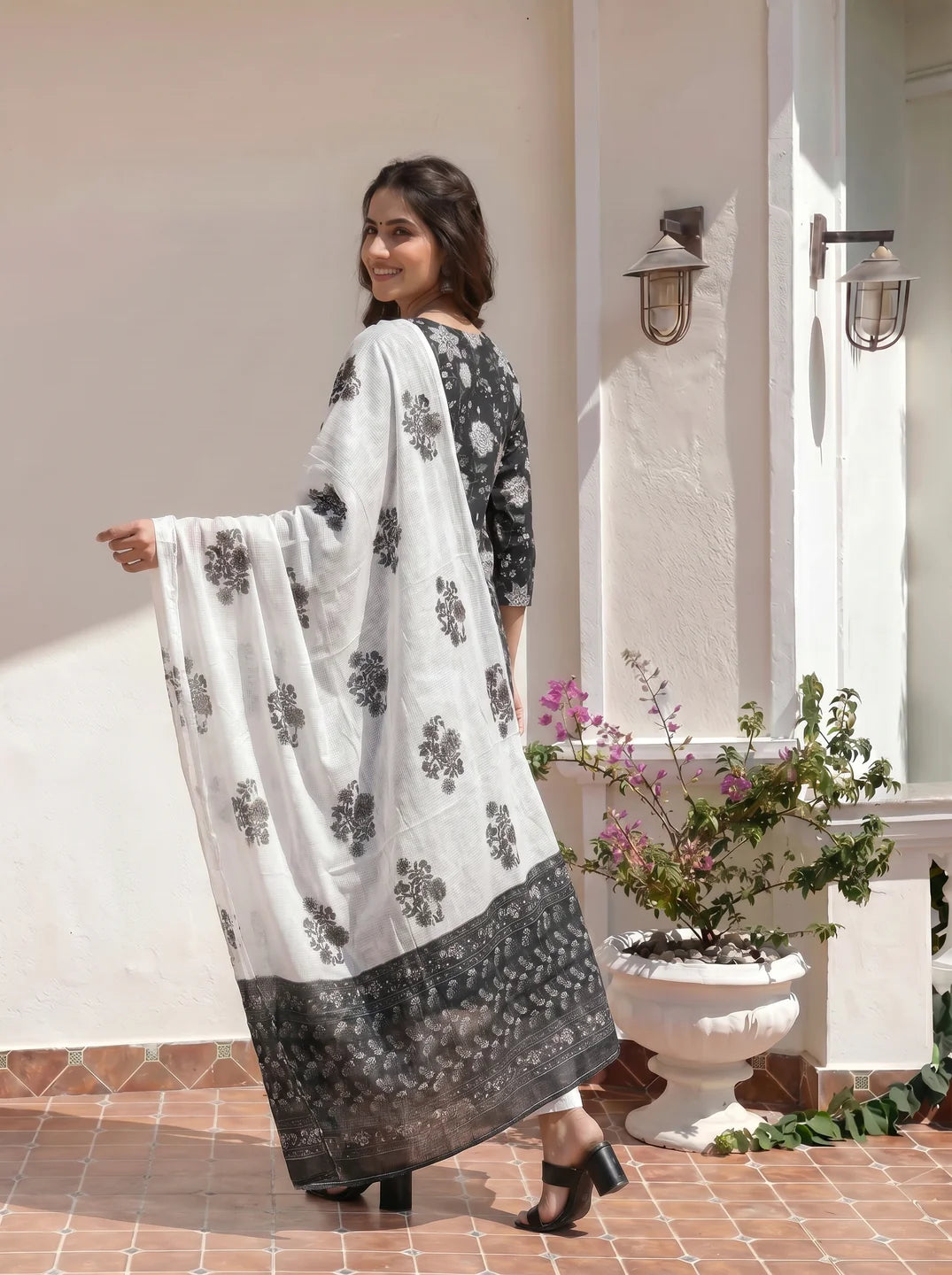 Black & White Floral Jaal Cotton Kurta Set with Dupatta