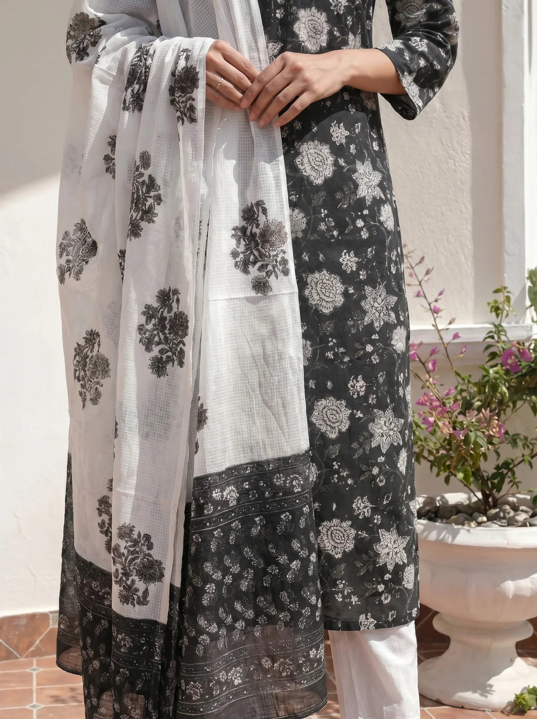Black & White Floral Jaal Cotton Kurta Set with Dupatta