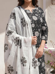 Black & White Floral Jaal Cotton Kurta Set with Dupatta