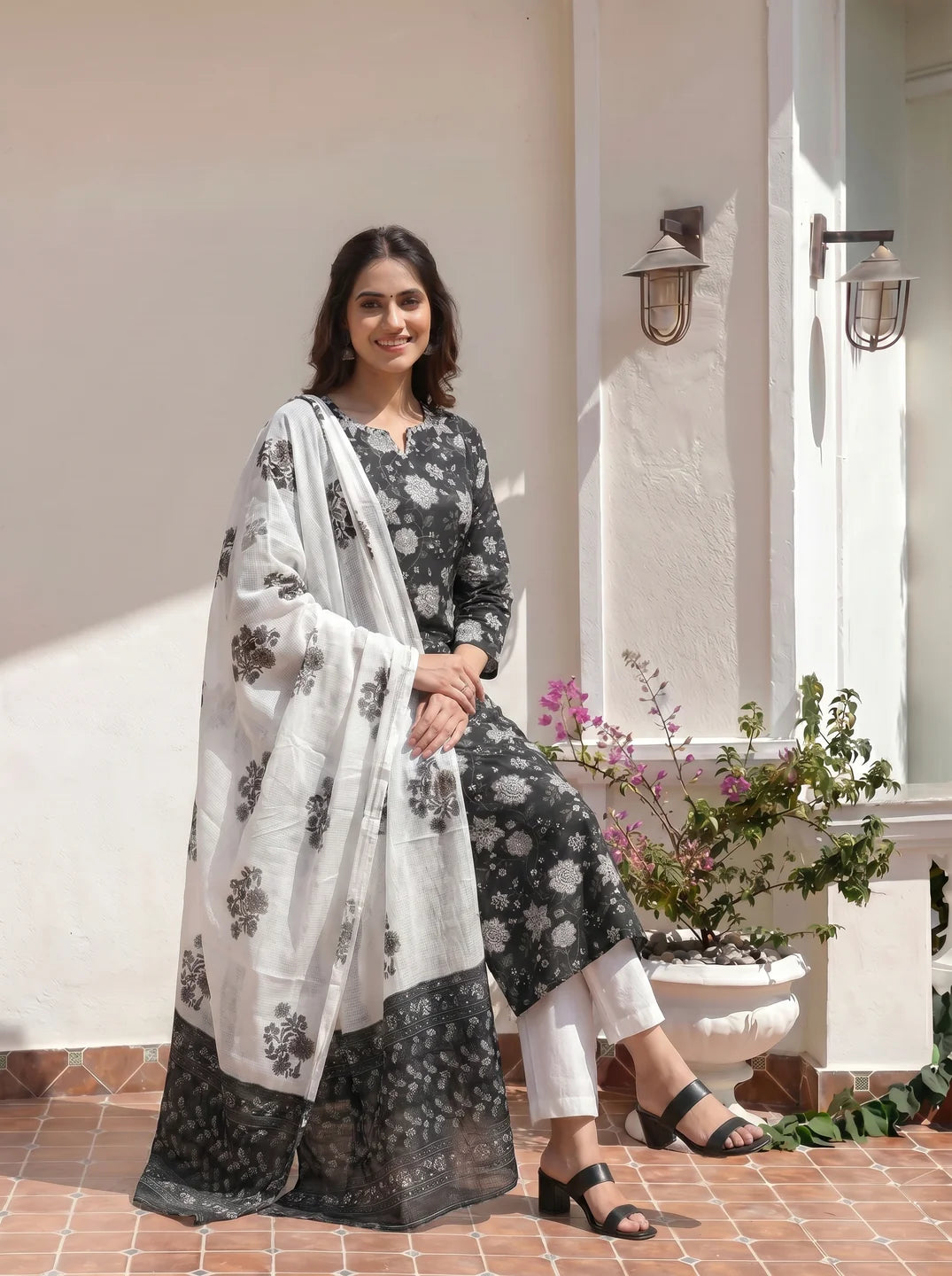 Black & White Floral Jaal Cotton Kurta Set with Dupatta
