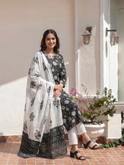 Black & White Floral Jaal Cotton Kurta Set with Dupatta