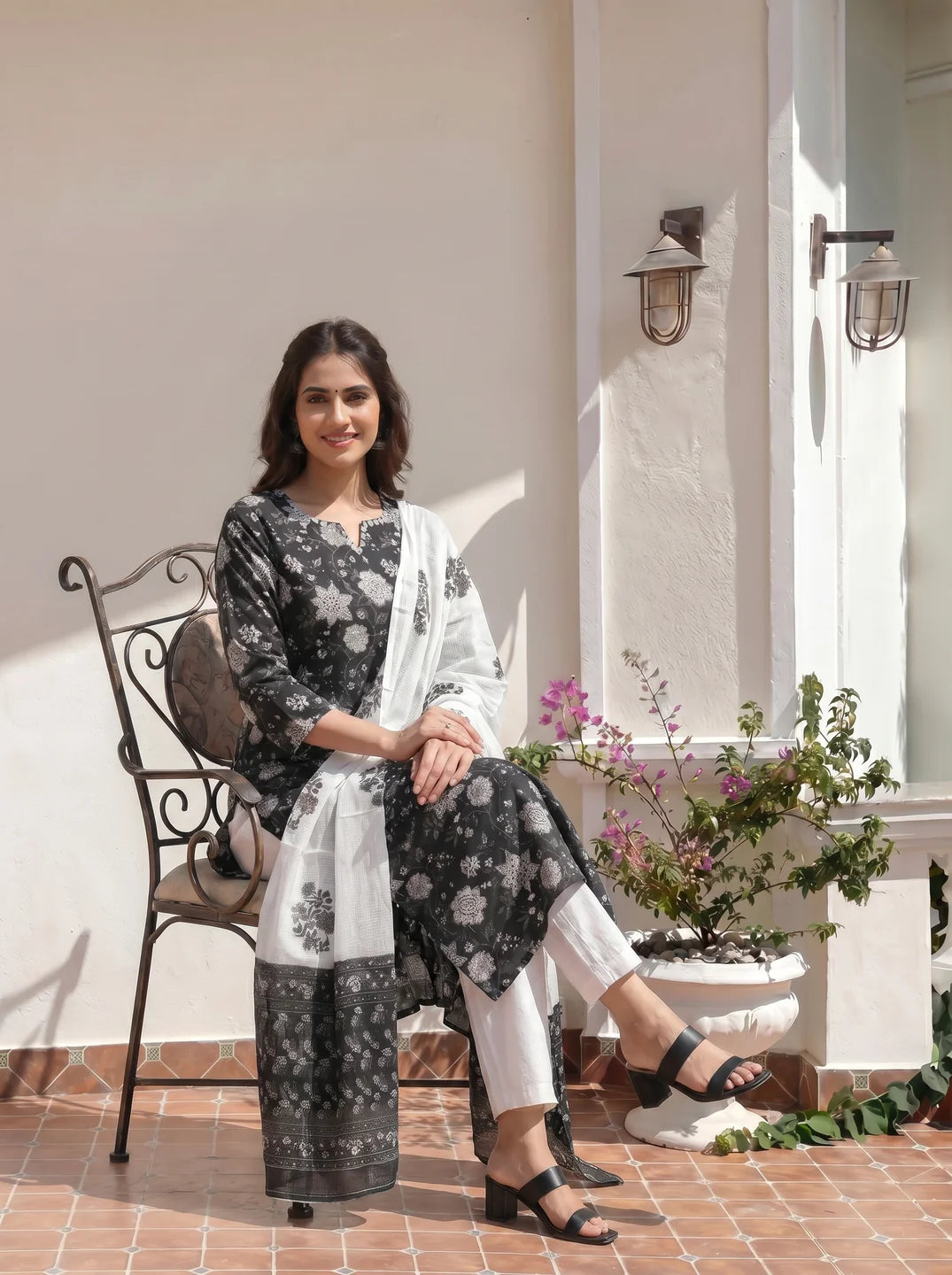 Black & White Floral Jaal Cotton Kurta Set with Dupatta