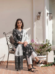 Black & White Floral Jaal Cotton Kurta Set with Dupatta