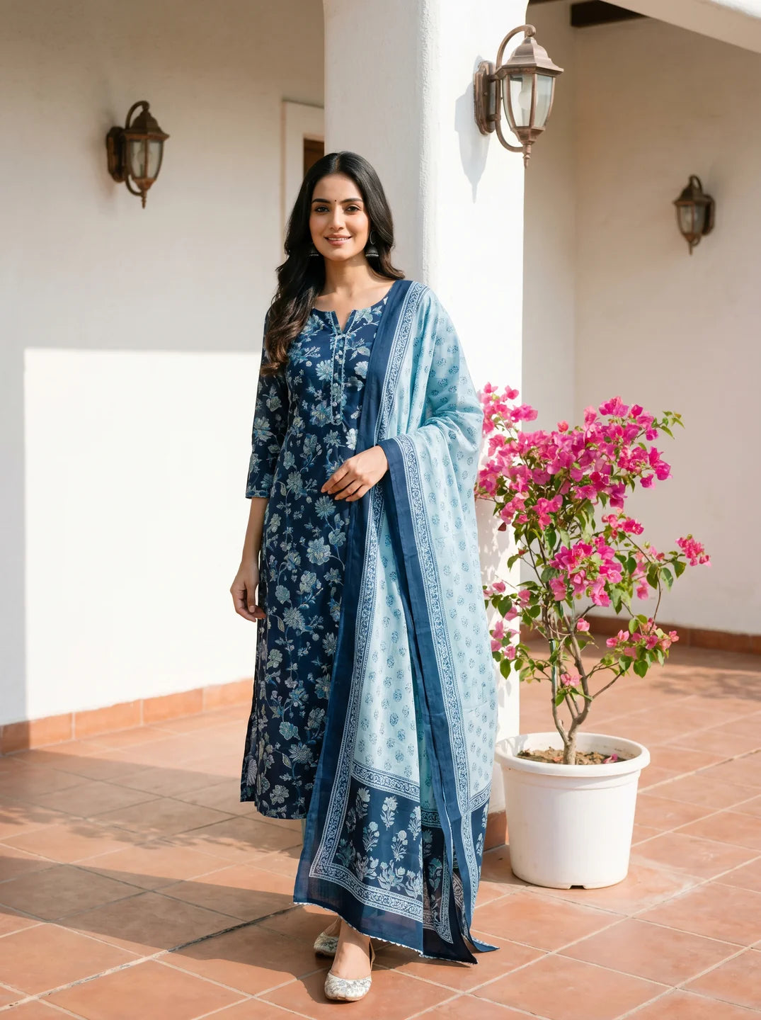 Indigo Floral Jaal Embroidered Cotton Kurta Set with Dupatta