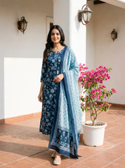 Indigo Floral Jaal Embroidered Cotton Kurta Set with Dupatta
