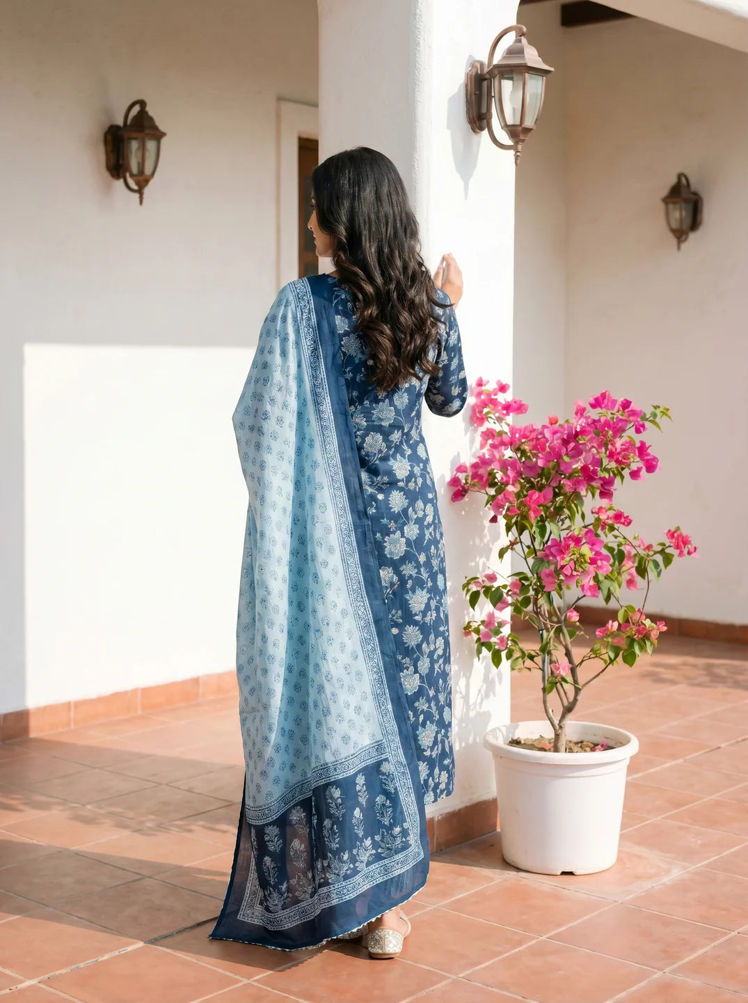 Indigo Floral Jaal Embroidered Cotton Kurta Set with Dupatta