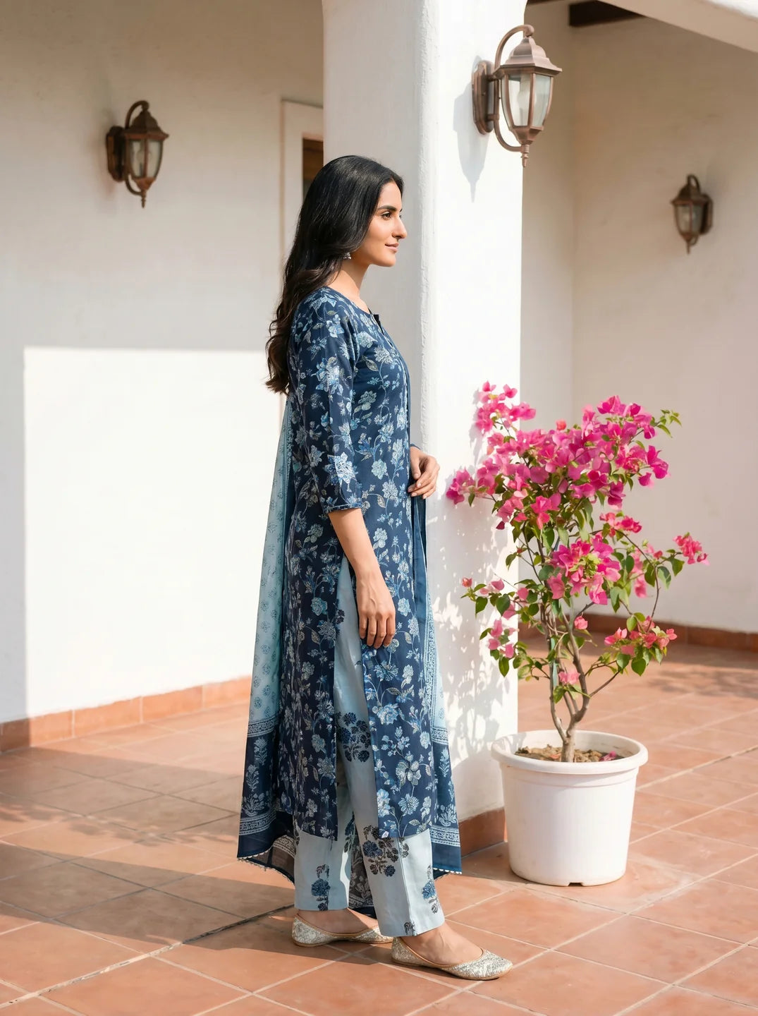 Indigo Floral Jaal Embroidered Cotton Kurta Set with Dupatta