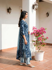 Indigo Floral Jaal Embroidered Cotton Kurta Set with Dupatta
