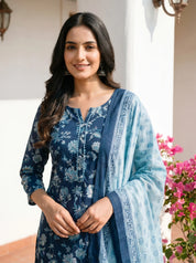 Indigo Floral Jaal Embroidered Cotton Kurta Set with Dupatta