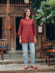 Red Floral Motif Cotton Short Kurti