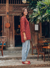 Red Floral Motif Cotton Short Kurti