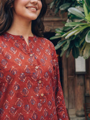 Red Floral Motif Cotton Short Kurti