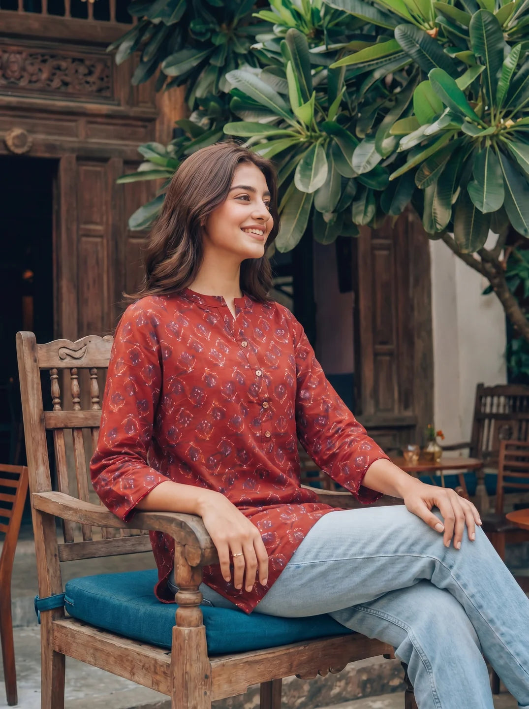 Red Floral Motif Cotton Short Kurti