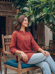 Red Floral Motif Cotton Short Kurti