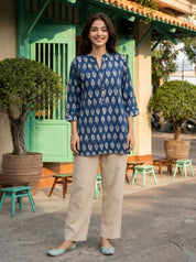 Indigo Geometric Leaf Print Cotton Short Kurti
