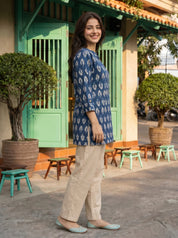 Indigo Geometric Leaf Print Cotton Short Kurti