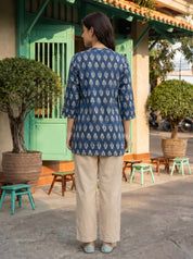 Indigo Geometric Leaf Print Cotton Short Kurti