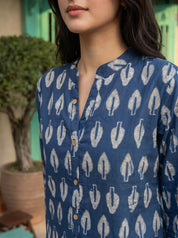 Indigo Geometric Leaf Print Cotton Short Kurti
